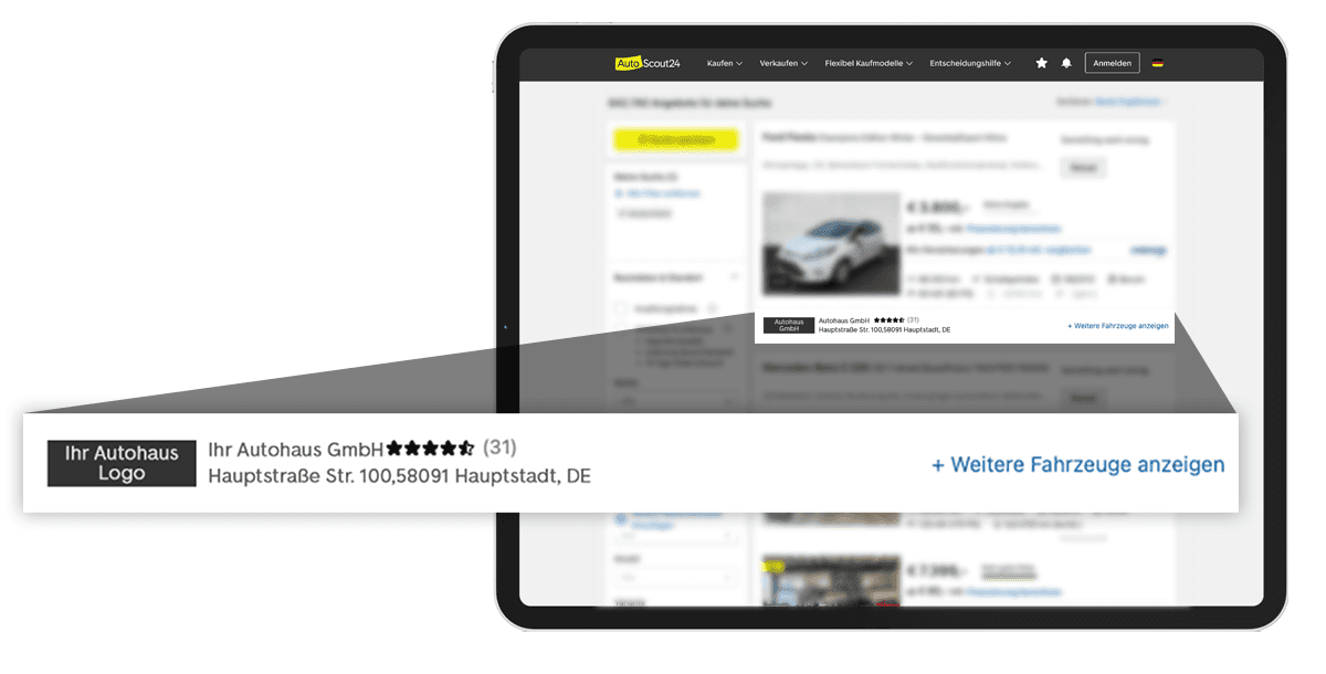Ihr Logo in der Suchergebnisliste inkl. Link zu Ihrem Bestand